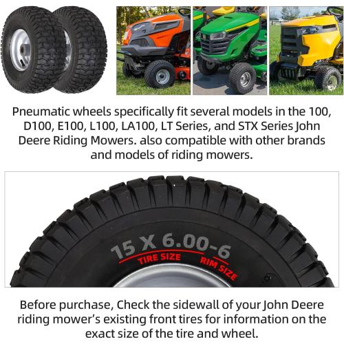 AR-PRO (2-Pack) 15 x 6.00-6 Front Tire and Wheel Assembly for Riding Mower Lawn Tractor, 3 Centered Hub, 3/4 Sintered Iron Bushings, 4Ply Pneumatic with Turf Tread
