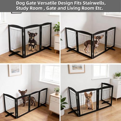ZJSF Freestanding Dog Fence Indoor, Foldable Dog Gate for Doorways, Stairs or Hallways, Sturdy Wood Extra Wide Pet Gate with Support Feet for The House, Black, 32 Height-3 Panels