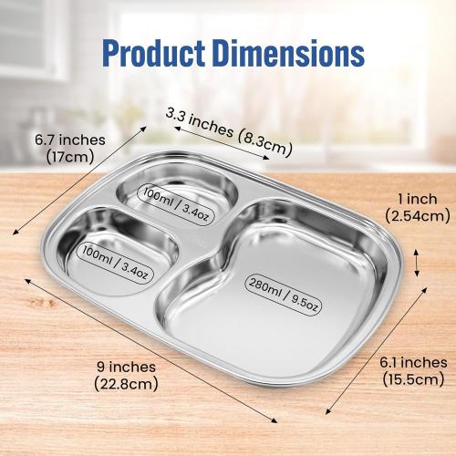 Korean Stainless Steel Divided Plates for Toddlers, Kids, Babies, Premium 304, Electro-Polished, No Black Residue, BPA-Free, 3-Compartment Plate, Food Tray for Camping, Balanced Meals, Set of 2