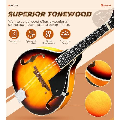 Vangoa Mandolin Musical Instrument A Style, Acoustic Mandolin Instrument Kit Italian 8 String for Professional Beginners Adults Teens Youth Kids, Sunburst, Glossy