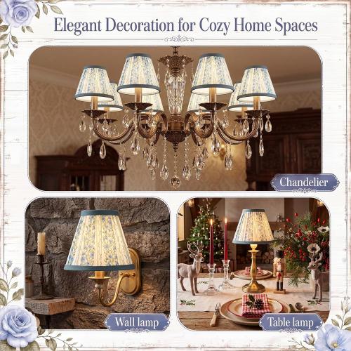 Zhengmy 6 Pcs Pleated Chandelier Lamp Shades, Blue Floral Stripe