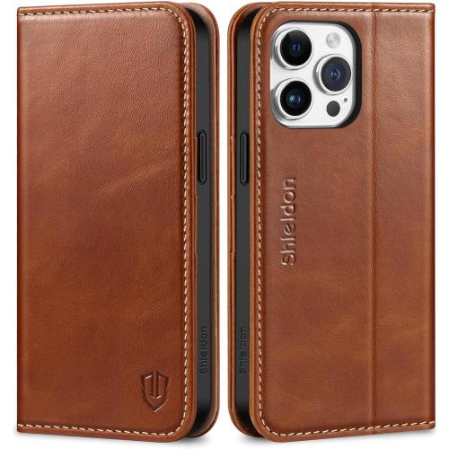 SHIELDON Case for iPhone 15 Pro Max 6.7, Genuine Leather Wallet Flip Magnetic Cover RFID Blocking Credit Card Holder Kickstand TPU Shockproof Case Compatible with iPhone 15 Pro Max 5G - Retro Brown