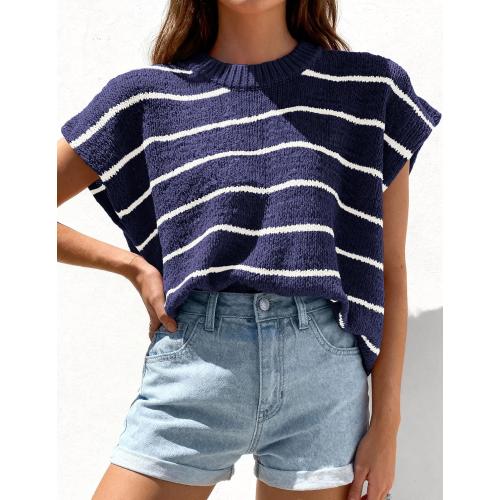 Max studio Womens Summer Short Sleeve Tops 2026 Trendy Crew Neck Striped Knit Sweater Business Casual Spring Clothes size xs