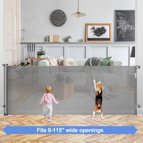 42 Inch Extra Tall Pet Gate for Stairs Prevent Kid/Pet from Jumping Over 115 Extra Long Baby Gates for Large Openings Wide Baby Gate for Doorway Retractable Tall Child Gates for Wide Openings, Gray