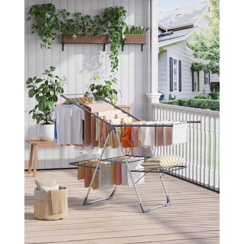 Sakugi Clothes Drying Rack, Foldable 2-Level Laundry Drying Rack with Height-Adjustable Wings, for Clothing & Bedding, Free-Standing Space-Saving Rack, Indoor & Outdoor, 55.5 L × 22.8 W, Gray