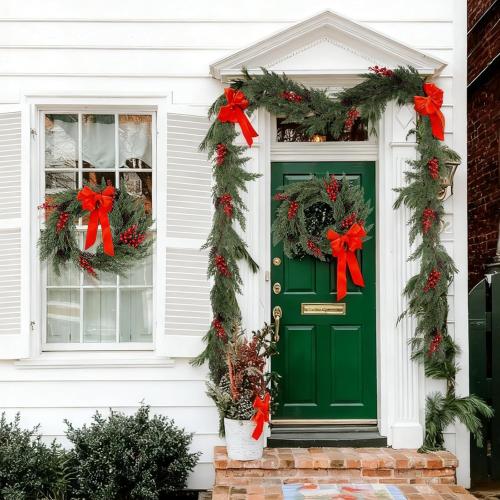 RECUTMS Christmas Pine Garland 6.2FT Artificial Christmas Cedar Garlands with Pine Cones Red Glitter Berry Stems Faux Cypress Wreath for Door Window Wall Mantel Indoor Outdoor Xmas Decor(Red Berry)