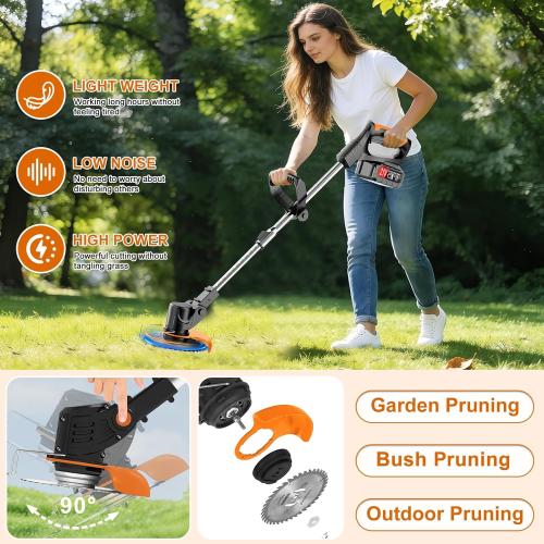 21V Electric Weed Wacker Cordless Weed Wacker Eater Lightweight Grass Trimmer with 4 Types Blade & Fast Charger & 2x2000mAh Batteries Brush Cutter for Garden Lawn Yard Black