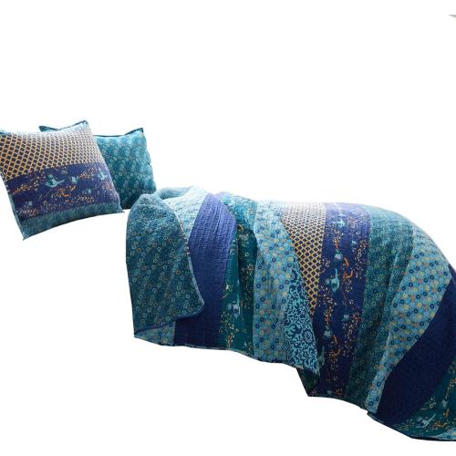 Lush Decor Royal Empire Reversible Cotton Quilt Set, 3 Piece Set King, Peacock - Striped Bedding Set - Floral Quilt King Size - Blue Bedding - Boho Decor