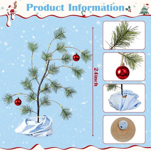 24 Tabletop Christmas Tree with Red Glossy Ball, Wooden Stand Mini Christmas Bent Tree with Blue Blanket Holiday Décor,Holiday Memories Decorations Gift