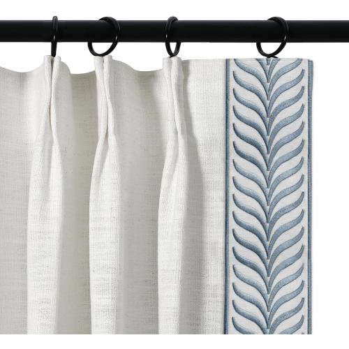 Pinch Pleated Drapes with Blue Embroidered Trim Faux Linen Pinch Pleat Lined Curtains for Sliding Glass Door, 50W x 108L, Beige White V2, 2 Panels