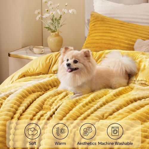 BEDELITE Fleece Queen Comforter Set -Super Soft & Warm Fluffy Mustard Yellow Bedding, Luxury Fuzzy Heavy Bed Set for Winter with 2 Pillow Cases