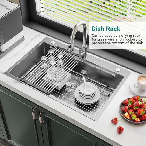 YITAHOME Drop In Kitchen Sink Workstation with Pull-down Faucet, 304 Stainless Steel Single Bowl Top Mount Sink w/Ledge & Accessories, Honeycomb Surface Design, 33 x 22 x 10 in, Silver