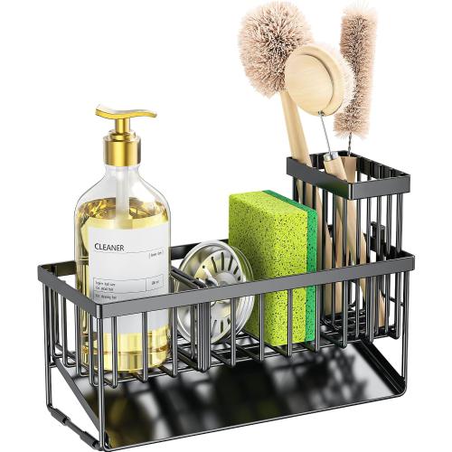 Cisily Sink Caddy Sponge Holder for Kitchen with Brush Holder and Stainless Steel Self Drain Tray, Rustproof Kitchen Sink Organizer for Sponge, Soap Dispenser Storage Accessories