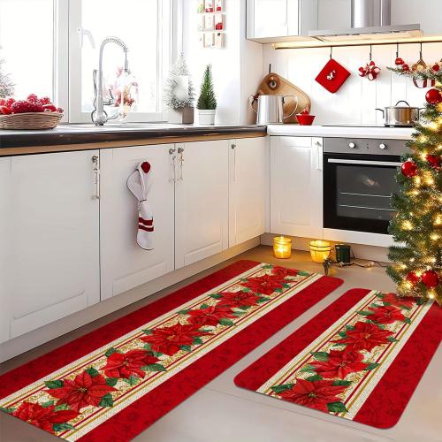 Red Poinsettia Flower Kitchen Rugs and Mats Set of 2, Winter Holiday Xmas Washable Non-Slip Floor Mats for Christmas Kitchen Decor - 17x29 and 17x47 Inch