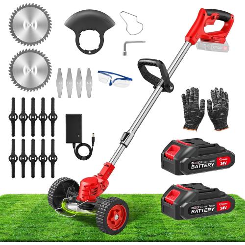 SakerPlus Wireless Weed Cutter, 24V Cordless Electric Grass Trimmer Weed Eater Wacker with 2 Batteries, 3-in-1 Lightweight Brush Cutter/Lawn Mower/Edger with Wheels for Lawn, Garden & Yard(Red)