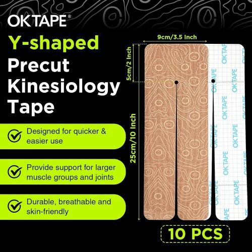 OK TAPE Precut Y-Shape Kinesiology Tape for Shoulder, Knee, Back, 10 Pcs, K Tape Strips, Provide Support & Relieve Discomfort, Water-Resistant Elastic Athletic Tape (3.5 x 10, Beige)