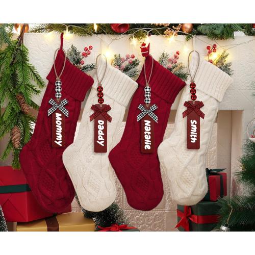 6Pack Personalized Christmas Stockings with Wooden Name Tags, 18 inches Xmas Cable Knitted Stocking for Holiday, Hanging Decoration Gifts for Family Party(White&Red&Green)