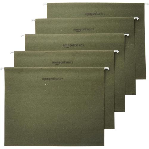 Amazon Basics Hanging Organizer File Folders for Efficient Filing, Sturdy, Adjustable Tabs, Letter Size, Pack of 25, Green