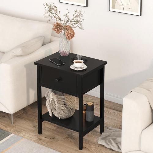 Nightstands Set of 2 with Drawers, Bedside Table Set of 2 with Storage Shelf, Heavy Duty End Side Table for Living Room Bedroom Small Space Sofa Couch, Wood Metal Night Stand, Easy to Assemble, Black