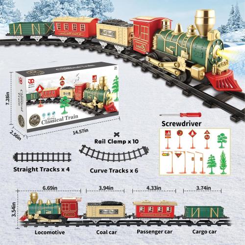 JUQU Electric Train Set for Kids Ages 3-8 – Battery Operated Toy Train with Lights, Sounds, 3 Cars & 10 Tracks, Classic Christmas Tree Train Set for Under or Around Tree