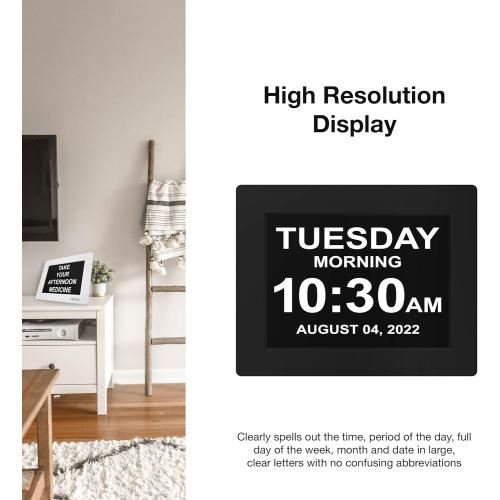 American Lifetime Large Digital Clock for Seniors, Black, 8 inch, with Day & Date, Customizable Alarms, Auto-Dimming, Multi-Language Support, Battery Backup, Easy Setup, and Gift Option