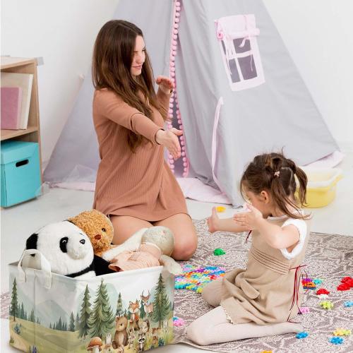 Cute Animals Storage Baskets, Woodland Nursery Decor, Woodland Baby Shower Decorations, Large Squarecanvas Laundry Hamper With A Waterproof PECoating, Foldable Kids Toy Clothes Bins for Bedroom