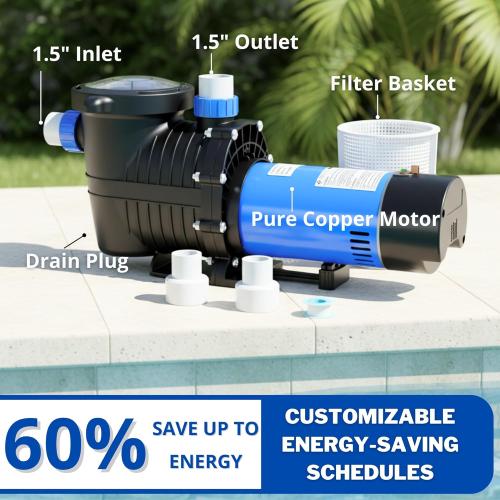 FOTING In/Above Ground Pool Pump, Self Primming Pool Pump High Flow 1.5 & 2 NPT Inlet Connectors, Blue