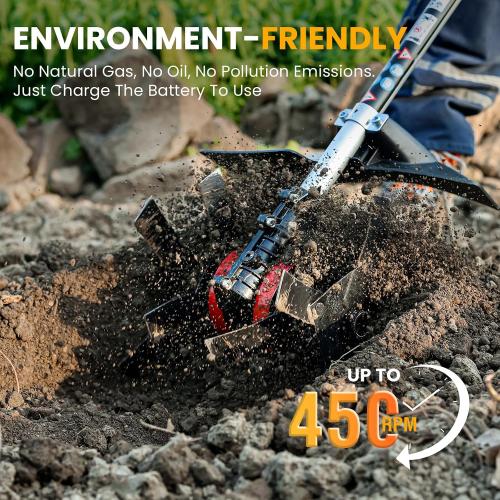 Cordless Tiller Cultivator, 21V 450RPM Electric Tiller with Battery Level Display, 2 * 4.0Ah Batteries & Charger, Tiller for Gardening, Lawn, Soil (Cultivation Width 10/ Depth 9)
