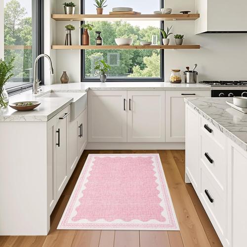 GarveeHome Scalloped 3x5 Washable Rug Non-Slip Low-Pile Indoor Rugs for Entryway Solid Pink Modern Minimalism Carpet for Bedroom Living Room Kitchen Bathroom Indoor Mat  ***? PINK***