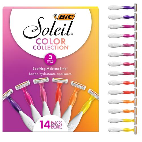 BIC Soleil Smooth Colors Women's Disposable with 3 Blade Razors, Vibrant Handles and Moisture Strip, 14-Pack