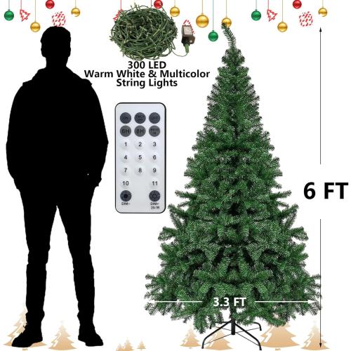 Lulu Home 6FT Christmas Tree, Artificial Christmas Tree with RC 300 LEDs Warm White & Multicolored String Lights(NOT Pre-Strung) for Indoor Outdoor Winter Decoration, 11 Lighting Modes with Timer