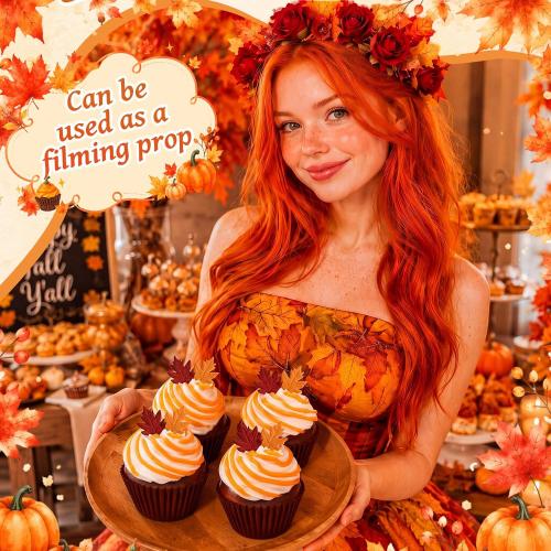 Novabright 4 Pcs Fall Fake Cupcakes Fall Tiered Tray Decor Foam Artificial Cupcakes Autumn Maple Leaf Farmhouse Decoration Thanksgiving Party Home Photography Props