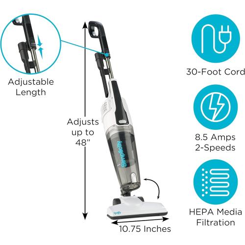 Simplicity Vacuums Corded Stick Vacuum Cleaner - Bagless, Two Speeds, HEPA Filter, Ideal for Hardwood & Tile, S60 Spiffy