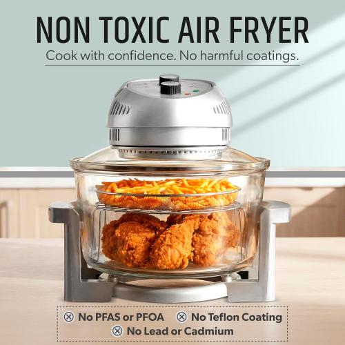 Granitestone 16Qt Large Glass Air Fryer Non Toxic – Family Sized Airfyrer Cooker with 3 Cooking Sections, Stainless Steel Racks, for French Fries, Chicken, No Preheat, Self Cleaning, Dishwasher Safe