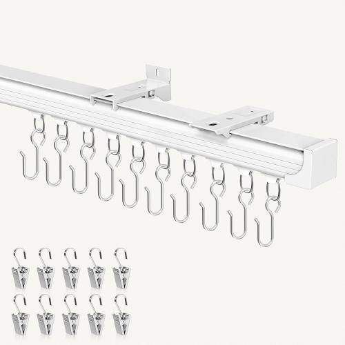 Ceiling Curtain Track 3–6 ft White - Heavy Duty Ceiling/Wall Mount Curtain Rail/Rod System, 20 Quiet-Glide Rollers, 20 Hooks, 20 Clips, Room Divider for Living Room, Bathroom or Hospital