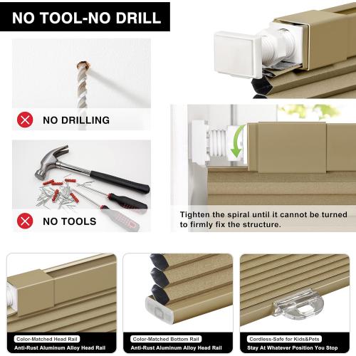 LazBlinds Cordless Cellular Shades, No Tools No Drill Blackout Honeycomb Shades Pleated Blinds for Windows, 35'' W x 48'' H, Taupe