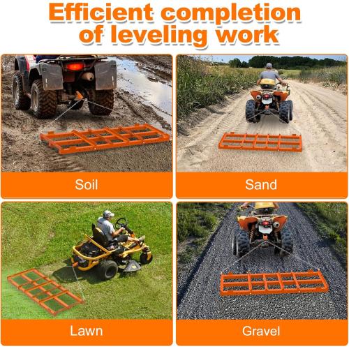4 Ft Drag Harrow, Heavy Duty Driveway Grader, Tow Behind Lawn Rake with 5 Ft Chain, 4 Safety Belts, 2 Adjustable Bars, Driveway Drag for Gravel, Sand, Lawn, Soil, Hay, ATV, UTV, Mower, Tractor, Orange