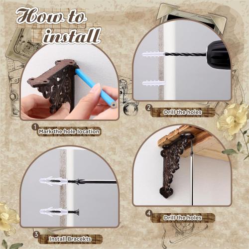 Blulu 4 Pack Decorative Shelf Brackets, Vintage Cast Iron Brackets