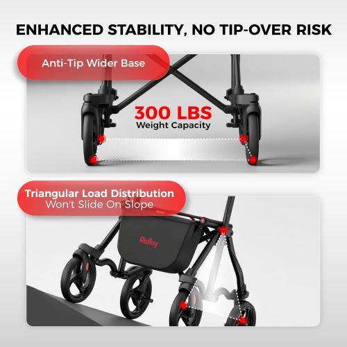 Rollator Walkers for Seniors with Seat, Foldable Travel Rolling Walker, 300lbs Capacity, lightweight Compact Portable Walker with Seat,Adjustable Height for Tall over 6ft,8 Big Wheels(Standard Model)