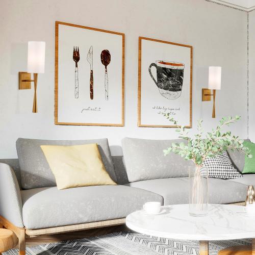 Modern Antique Brass Brush Paint Finish Wall Sconce Set of 2, with Creamy-White Fabric Straight Shade for Vanity Stairway Fireplace Kitchen Living Room Bedside