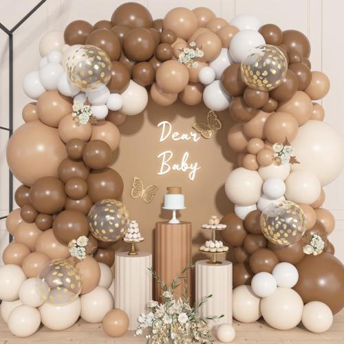 Ouddy Life 157 Pcs Brown Balloons Garland Arch Kit, Beige Nude Neutral White Gold Confetti Different Size Balloon for Birthday Teddy Bear Baby Shower Neutral Woodland Wild One Wedding Party Decoration