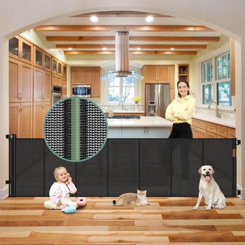 Black 100 Inch Extra Wide 33” Tall Reinforced Bars Retractable Baby Gates Extra Wide Baby Gate for Large Openings Anti-Scratch 8.3ft Long Dog Gate Indoor Reinforced Retractable Dog Gates for Doorways, Black