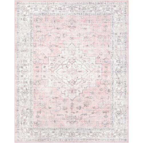 LIVEBOX Pink 8x10 Area Rug for Bedroom Girls, Boho Washable Rugs for Living Room Nursery, Non-Slip Indoor Soft Carpet Low-Pile Farmhouse Carpets for Dining Room Kids Playroom, Pink