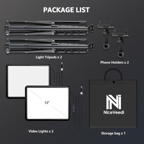 2-Pack LED Video Light Kit, NiceVeedi Studio Light, 2800-6500K Dimmable Photography Lighting Kit with Tripod Stand&Phone Holder, 73 Stream Light for Video Recording, Game Streaming, YouTube
