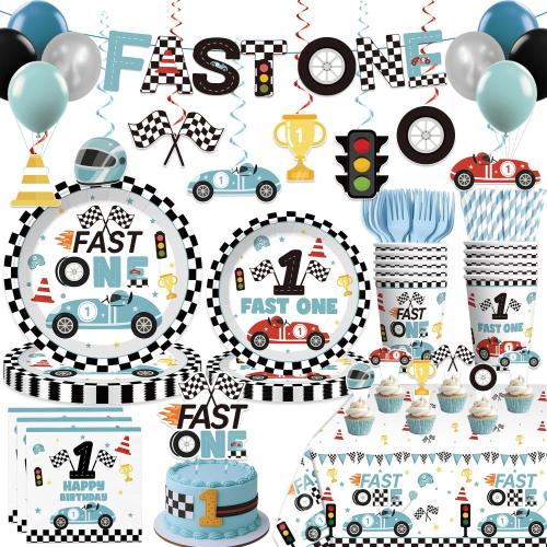 Xynic 160pcs Fast One Birthday Decorations For Boys Tableware Complete Party Set, Fast One Birthday Decorations, Blue Race Car & Car Theme 1st Party Supplies Boy, Serves 20 Guests
