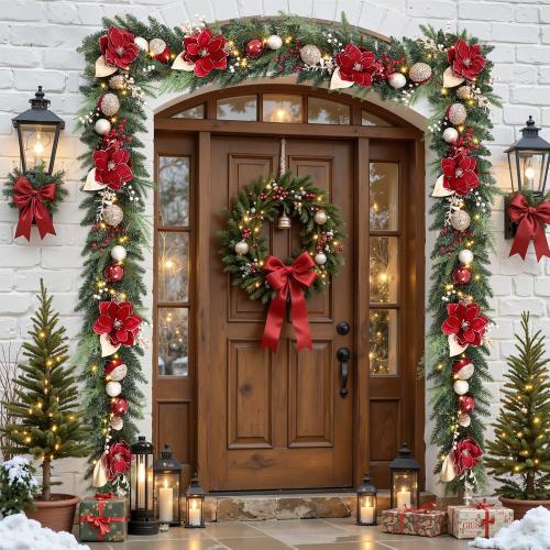 SHareconn 8.9FT Prelit Christmas Garland with Multi-Color LED Lights, Battery-Operated Timer, Includes Flower Ball Poinsettia for Mantle Fireplace Indoor Outdoor Xmas Decor, Red Champagne Gold, 8.9 FT