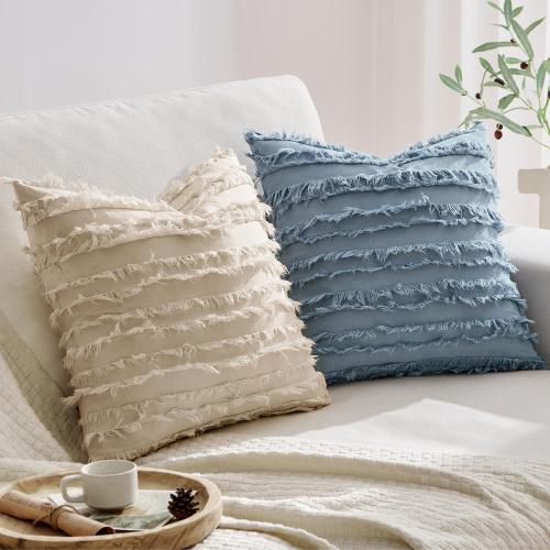 MIULEE Decorative Boho Throw Pillow Covers Set of 2 Spring Neutral Beige Linen Striped Jacquard Pattern Modern Cushion Covers for Sofa Couch Living Room Bedroom 18x18 Inch Home Decor