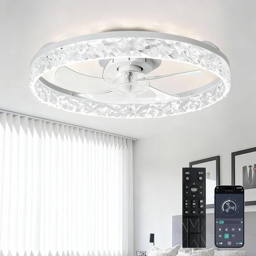 Depuley Ceiling Fans with Lights and Remote: Full Package 20 Modern Low Profile Flush Mount LED Ceiling Fan for Bedroom App Control - White Crystal Bladeless Fandelier for Laundry Room Kitchen