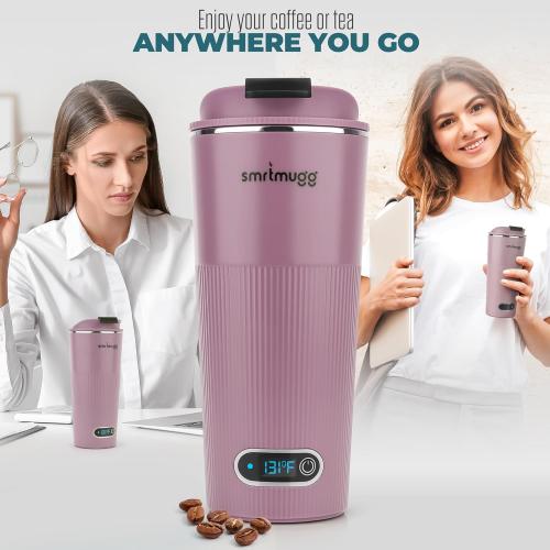 Lilac 13.5oz GO Heated Coffee Mug, Travel Mug, 13.5 OZ. Smart Mug, Battery Powered Heated Coffee Mug, Great for Coffee and Tea, Snap on Magnetic Charging Cord, New and Improved (Lilac)