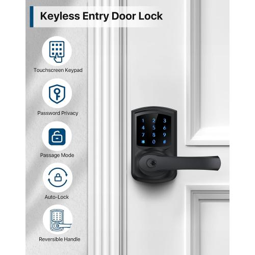 Keyless Entry Door Lock with Keypad and Handle for Front Doors, Touchscreen Deadbolt, Anti-peep Password, Auto-Locking, Matte Black